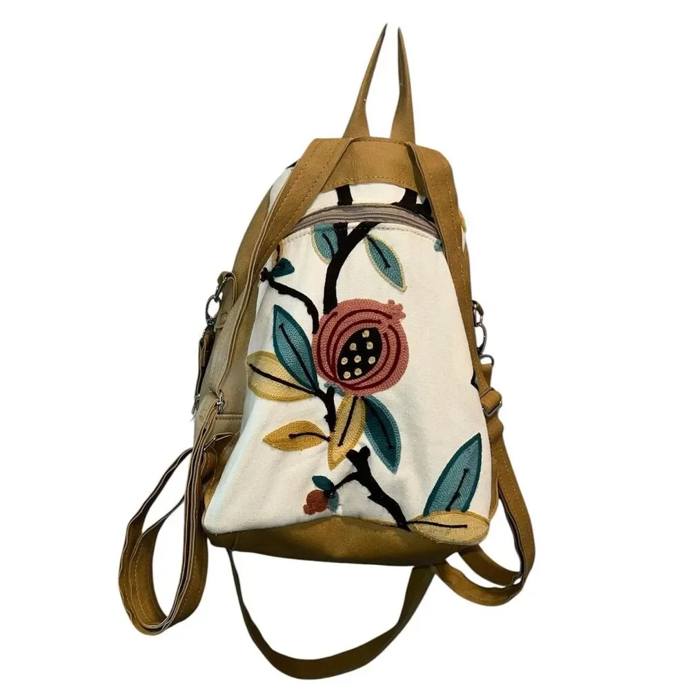 Boho Embroidered Floral Convertible Backpack Purse Canvas & Faux Leather